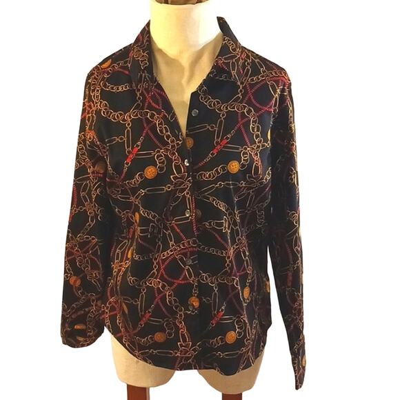 Charter Club Long Sleeve Shirt Sz 12 Abstract Gold Chains Equestrian Career Y2K - Picture 1 of 13
